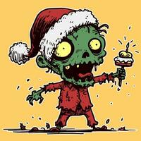 vector van een tekenfilm zombie vieren Kerstmis door vervelend rood kleren en Holding een koekje. tekening van een groen skelet Bij winter vakantie