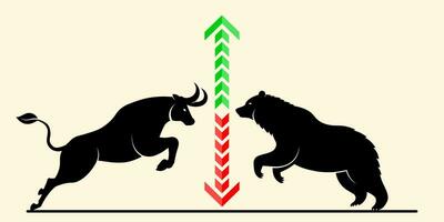silhouet van beer en stier rood naar beneden pijl diagram en groen omhoog pijl, vector illustratie.