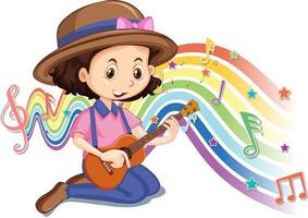 meisje dat gitaar speelt met melodiesymbolen op regenbooggolf vector