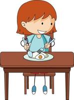 een meisje aan het ontbijten doodle stripfiguur geïsoleerd vector