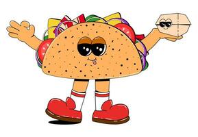 schattig taco karakter in retro tekenfilm stijl. snel voedsel mascotte vector illustratie Aan wit geïsoleerd achtergrond.