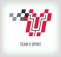 creatief v brief racing en sport- logo. modern pixel met nieuw cultuur kleuren. doopvont alfabet sjabloon. creatief wedstrijd geometrisch. vector