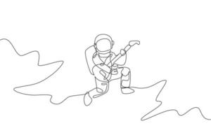 een doorlopende lijntekening van astronaut met ruimtepak die akoestische gitaar speelt in het universum van de melkweg. kosmische muziek concert concept. dynamische enkele lijn tekenen ontwerp vector illustratie afbeelding