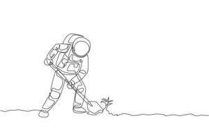 één enkele lijntekening van astronaut die grond opgraaft met behulp van metalen schop in maanoppervlakte vector grafische illustratie. ruimtelandbouwconcept. modern ononderbroken lijntekeningontwerp