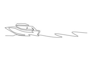 een doorlopende lijntekening van snelle speedboot die op zee vaart. water transport voertuig concept. dynamische enkele lijn tekenen ontwerp vector illustratie afbeelding