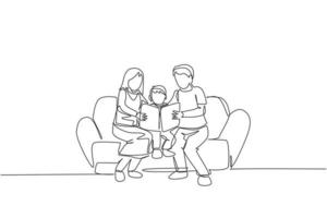 enkele doorlopende lijntekening jonge moeder en vader zittend op de bank en thuis een verhalenboek voorlezend aan hun zoon. gelukkig familie ouderschap concept. trendy één lijn tekenen ontwerp vector grafische afbeelding