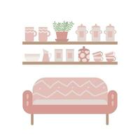 vector vlak sofa met gerecht, kopjes, fles, keuken hulpmiddelen, plant, kan, kom geïsoleerd. interieur ontwerp illustratie. meubilair leven kamer.