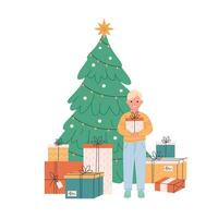 jongen Holding geschenk doos en vieren Kerstmis of nieuw jaar. Kerstmis boom met presenteert. vector