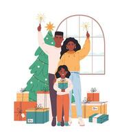 Afrikaanse Amerikaans familie met kind vieren Kerstmis of nieuw jaar. Kerstmis boom met presenteert vector