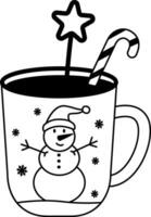 Kerstmis illustratie in een mooi mok. een hand getekend Kerstmis schetsen. feestelijk cacao met room, een kop van heet chocola of winter koffie. vector illustratie.