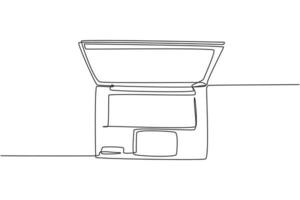 één enkele lijntekening van moderne laptopcomputer voor het ondersteunen van zaken, bovenaanzicht. elektriciteit klein thuiskantoor apparatuur tools concept. dynamische doorlopende lijn tekenen vector ontwerp illustratie