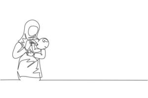 enkele doorlopende lijntekening van jonge islamitische moeder die haar baby baby knuffelt en gezond voedsel geeft. arabische moslim gelukkige familie moederschap concept. één lijn tekenen ontwerp vectorillustratie vector