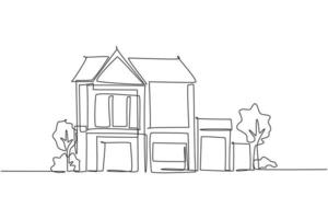 enkele lijntekening van groen vers bescheiden huis op het platteland. huis eco bouw geïsoleerde doodle minimaal concept. trendy ononderbroken lijntekening ontwerp grafische vectorillustratie vector