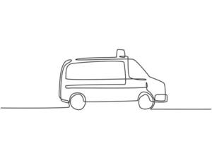 enkele een lijntekening ziekenhuis ambulance auto om gewonde patiënt te helpen bij verkeersongeval. noodhulp geïsoleerde doodle minimaal concept. trendy ononderbroken lijntekening ontwerp grafische vectorillustratie vector