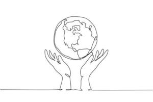 enkele een lijntekening van handen met aarde-logo. wereld beschermen pictogram silhouet voor onderwijs concept. infographics presentatie geïsoleerd op een witte achtergrond. ontwerp vector grafische afbeelding