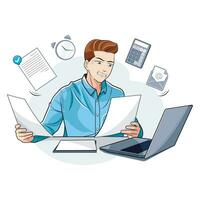 zakenman. een jong Mens beoordelingen documenten terwijl multitasking. vector illustratie