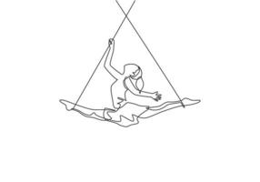 enkele ononderbroken lijntekening een vrouwelijke acrobaat presteert op de trapeze terwijl ze danst en haar benen uit elkaar spreidt. het vergt moed en risico's. dynamische één lijn trekken grafisch ontwerp vectorillustratie vector