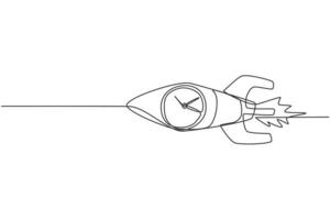 enkele lijntekening van snel vliegende raket met analoge klok in het object. zakelijke tijd discipline metafoor concept. moderne doorlopende lijn tekenen ontwerp grafische vectorillustratie vector