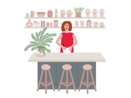 vrouw maken pannekoeken. vector tekenfilm stijl illustratie. vrouw Koken maaltijd.