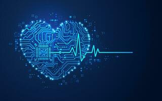 concept van cardiologie of hart Gezondheid, grafisch van hart en pulse Golf vorm gecombineerd met elektronisch bord patroon vector