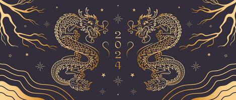 Chinese nieuw jaar van de houten draak. banier met goud antiek patroon, Aziatisch stijl. helder vector spandoek. nacht sterrenhemel lucht, takken. wijnoogst doopvont 2024. voor poster, folder.