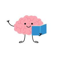 hersenen met boek, schattig kind karakter voor kennis, onderwijs. gelukkig hersenen lezing boek. vector illustratie