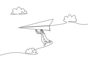enkele lijntekening van een jonge Arabische zakenman die hoog op een papieren vliegtuig hangt. zakelijke missie uitdaging minimaal metafoor concept. moderne doorlopende lijn tekenen ontwerp grafische vectorillustratie vector