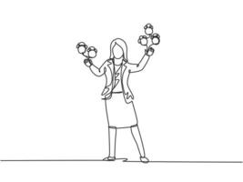 continu een lijntekening jonge vrouw werknemer jongleren alarm analoge klok met zijn hand. business time management discipline metafoor concept. enkele lijn tekenen ontwerp vector grafische afbeelding.