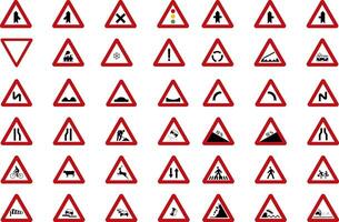 reeks van driehoekig en ronde verkeer, waarschuwing, verbod en Gevaar tekens pictogrammen vector