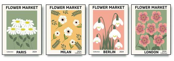 reeks 1970 bloemen markt poster. modieus botanisch muur kunsten met bloemen ontwerp in helder kleuren. modern naief groovy funky interieur decoraties, schilderijen. vector kunst illustratie.