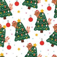 naadloos patroon tekenfilm beer en konijn met Kerstmis boom en Kerstmis element. schattig Kerstmis behang voor kaart, geschenk inpakken papier vector