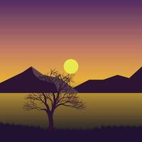 berg zonsopkomst en zonsondergang vector illustratie met winter boom