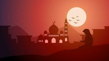 moskee landschap met bidden moslim silhouet vector illustratie. Ramadan landschap ontwerp grafisch in moslim cultuur en Islam geloof. moskee panorama voor illustratie, achtergrond of behang