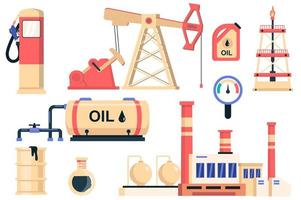 olie-industrie geïsoleerde elementen instellen. bundel van benzinestation, brandstofbus, olievat, productiemachines, productie-installatie en andere. schepper kit voor vectorillustratie in platte cartoon design vector