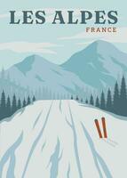 reizen ski in les alpen poster wijnoogst vector illustratie ontwerp. nationaal park in Frankrijk wijnoogst poster.