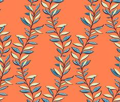 creatief naadloos patroon met modern, kleurrijk bladeren. gebladerte tapijtwerk Aan een oranje achtergrond. vector hand- getrokken. sjabloon voor textiel, mode, afdrukken, oppervlakte ontwerp, kleding stof