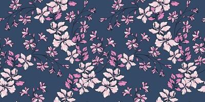 mooi naadloos illustratie van een bloeiend wild bloemen takken patroon. vector hand- getrokken. artistiek gestileerde bloemen Aan een donker achtergrond. ontwerp voor mode, kleding stof, behang.