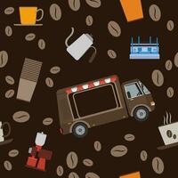 bewerkbare mobiel koffie busje winkel met espresso machine en brouwen uitrusting vector illustratie naadloos patroon in vlak stijl met donker achtergrond voor cafe verwant concept doeleinden