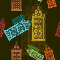 bewerkbare vlak stijl Arabisch lampen vector illustratie met divers kleuren net zo naadloos patroon met donker achtergrond voor Islamitisch af en toe thema zo net zo Ramadan en eid of Arabisch cultuur