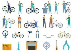fiets reparatie en onderhoud winkel pictogrammen reeks tekenfilm vector. fiets onderhoud vector