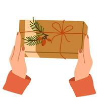 handen Holding Kerstmis geschenk doos. verlenen uitwisseling concept Kerstmis vakantie, armen geeft nieuw jaar souvenirs. omhulsel geschenk doos. voorbereidingen treffen voor viering Kerstmis vooravond of nieuw jaar. vector illustratie