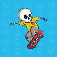 tekenfilm vector illustratie van schattig schedel skateboarden Doen de ollie truc. schedel mascotte illustratie.