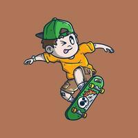 tekenfilm vector illustratie van schattig schaatser Doen de ollie truc. skateboard mascotte illustratie