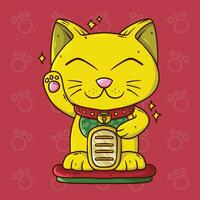 schattig tekenfilm vector illustratie van gouden maneki neko kat. vector illustratie van wit kat met een verheven poot, Holding gouden munt, Japans symbool van mooi zo geluk, rijkdom en welzijn