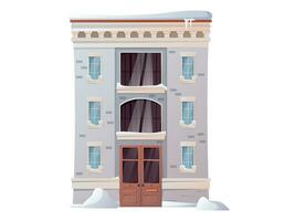 tekenfilm vector winter huis. geïsoleerd bouwkundig modern gebouw gedekt met sneeuw en sneeuwbanken.