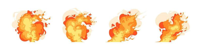 reeks van brandend brand spatten grappig spel effect, explosie, rook, vuur, en vlam illustratie vector