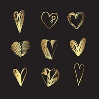 gouden hand- getrokken harten. grunge kattebelletje harten voor valentijnsdag dag. minimalistische lijn kunst met hart doodles Aan zwart achtergrond vector