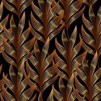 luxe naadloos patroon met gouden lineair varen bladeren. getextureerde bronzen tropisch fabriek Aan zwart achtergrond. lijn kunst vector