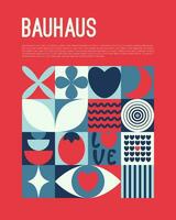 abstract meetkundig bauhaus poster. hart, liefde, aardbei, oog, maan en andere primitief vormen en vormen. modern vlak stijl. primitief vector illustratie