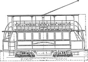 auto batterijen en trolley lijn naar Parijs in Aubervilliers, wijnoogst gravure. vector